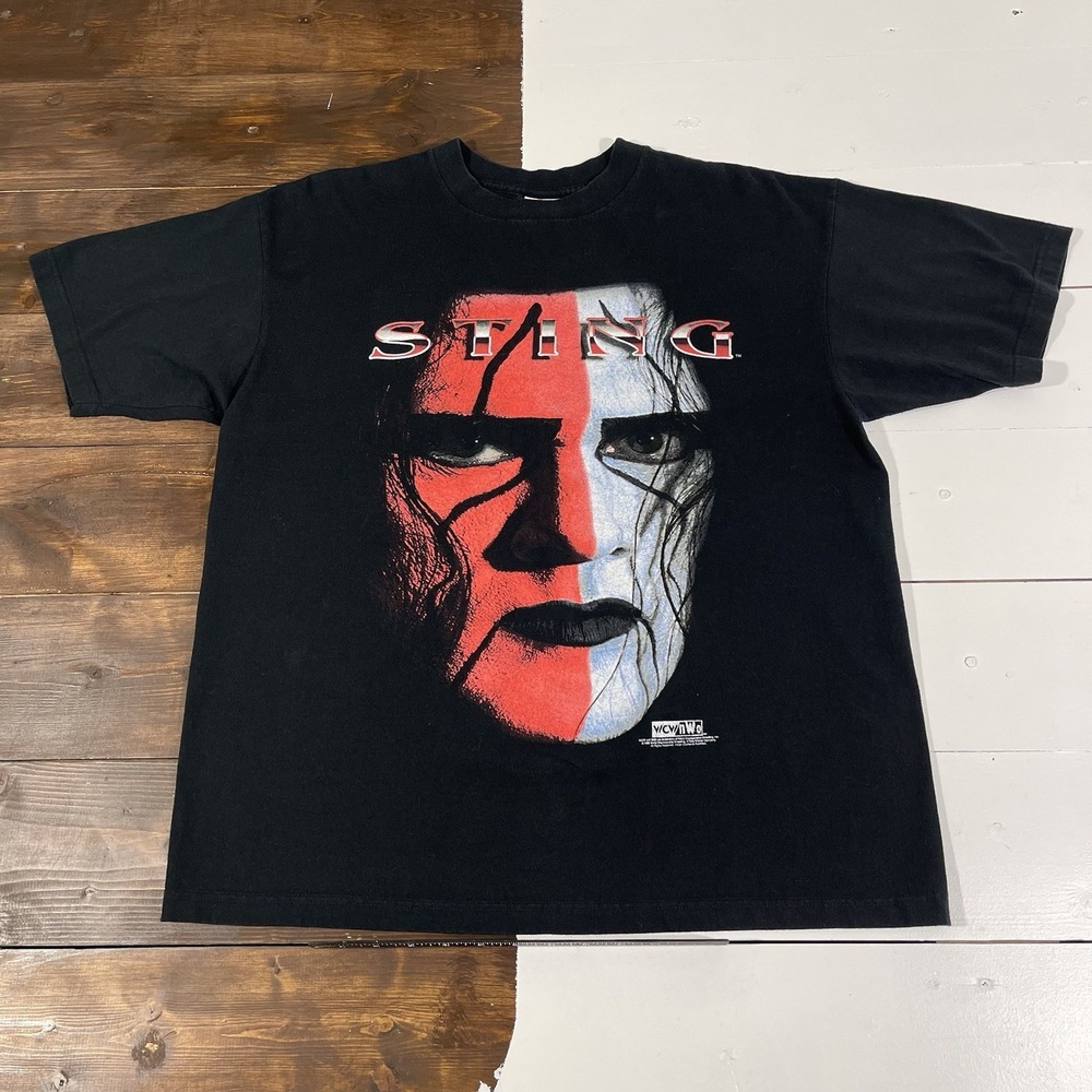 Vintage 90s Sting WCW NWO Black T-Shirt Mens XL Big Face Wrestling Hall Of Fame